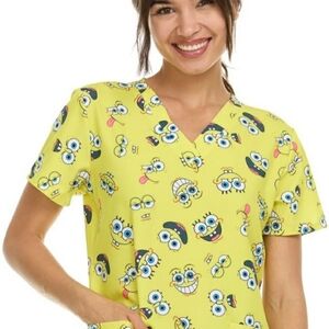 women XL v neck sponge bob scrub top with two front pockets brand new